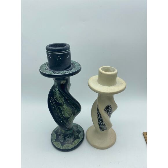 Boho Eclectic pair mismatched hand carved Soapstone candle holder Grey, white - Picture 2 of 7